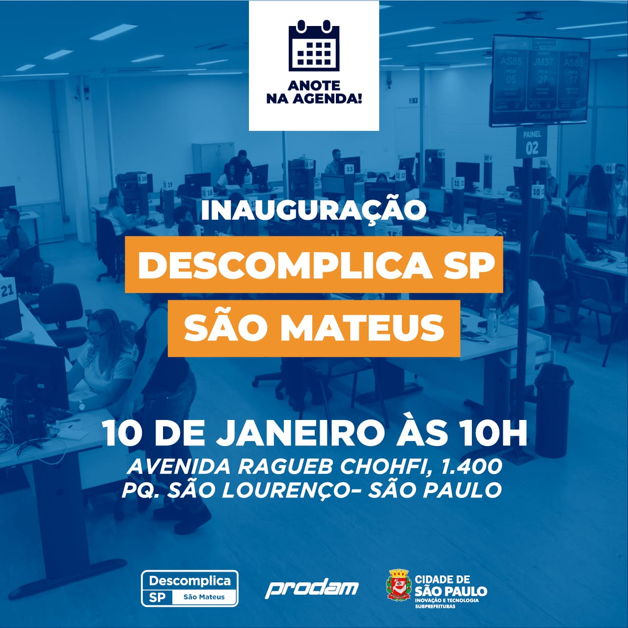 convite informa que o Descomplica São Mateus será inaugurado sexta, dia 10, às 10 horas, na avenida Ragueb Chohfi, 1.400. 